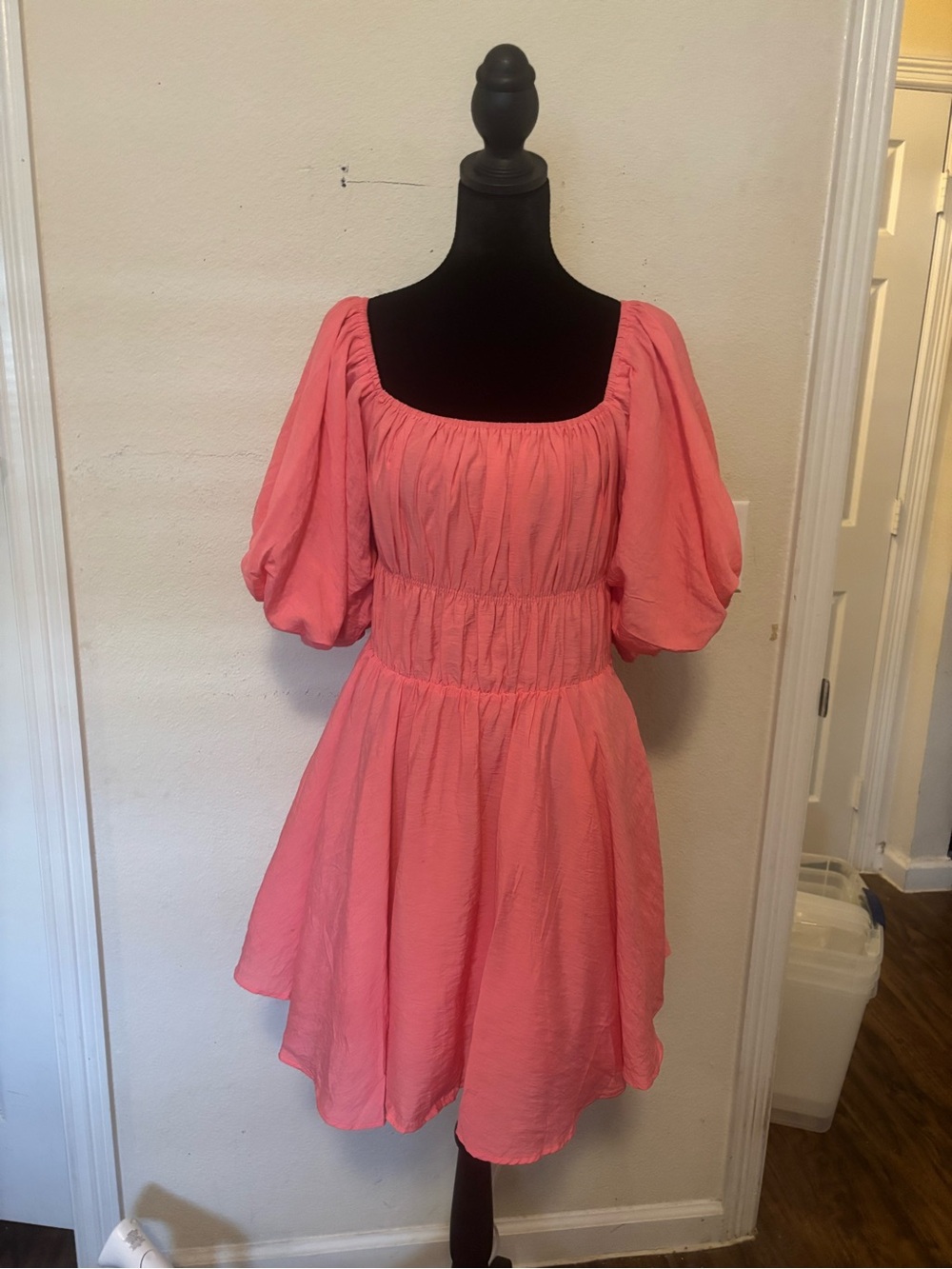 Square-Neck Puff-Sleeve Mini Dress in Coral Pink